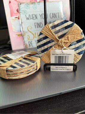 Capiz Striped Round Coaster Set - White & Navy Set of 8